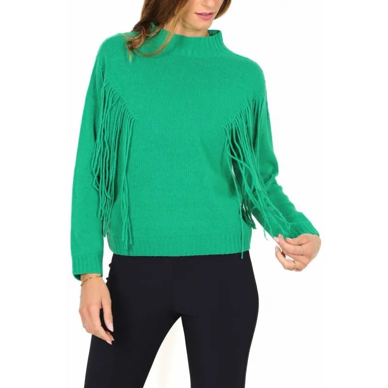 MAGLIA COLLO ALTO A CRATERE CON FRANGE, VERDE