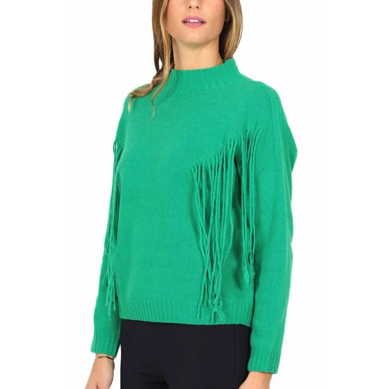 MAGLIA COLLO ALTO A CRATERE CON FRANGE, VERDE