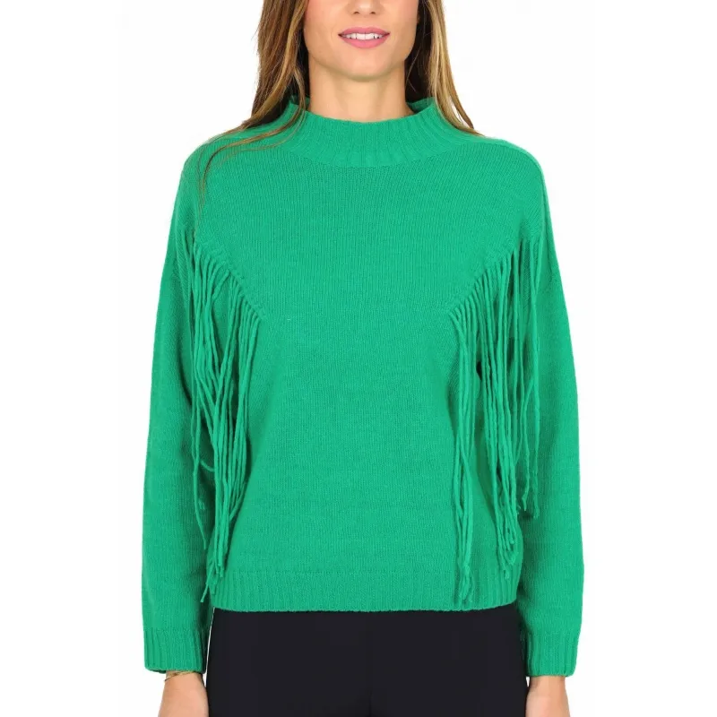 MAGLIA COLLO ALTO A CRATERE CON FRANGE, VERDE