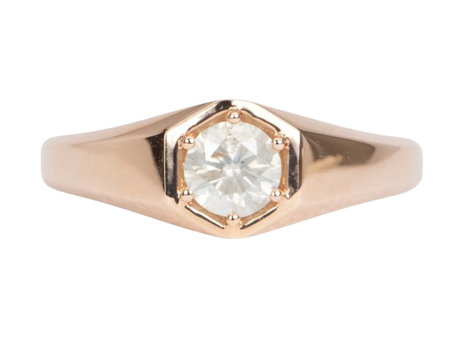 Milky White Diamond in Modern Hexagon Setting Signet Ring 14K Rose Gold R6476