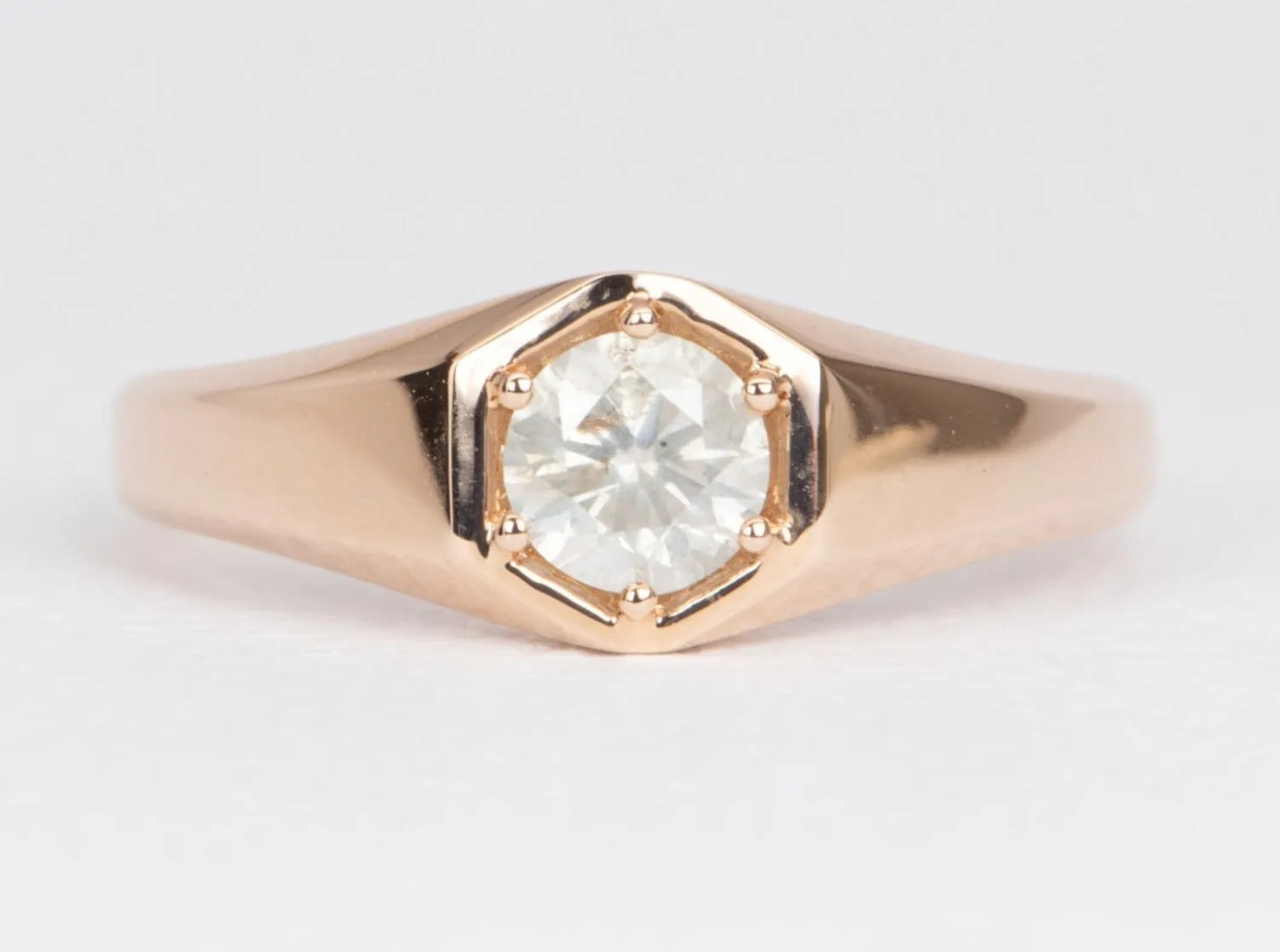 Milky White Diamond in Modern Hexagon Setting Signet Ring 14K Rose Gold R6476