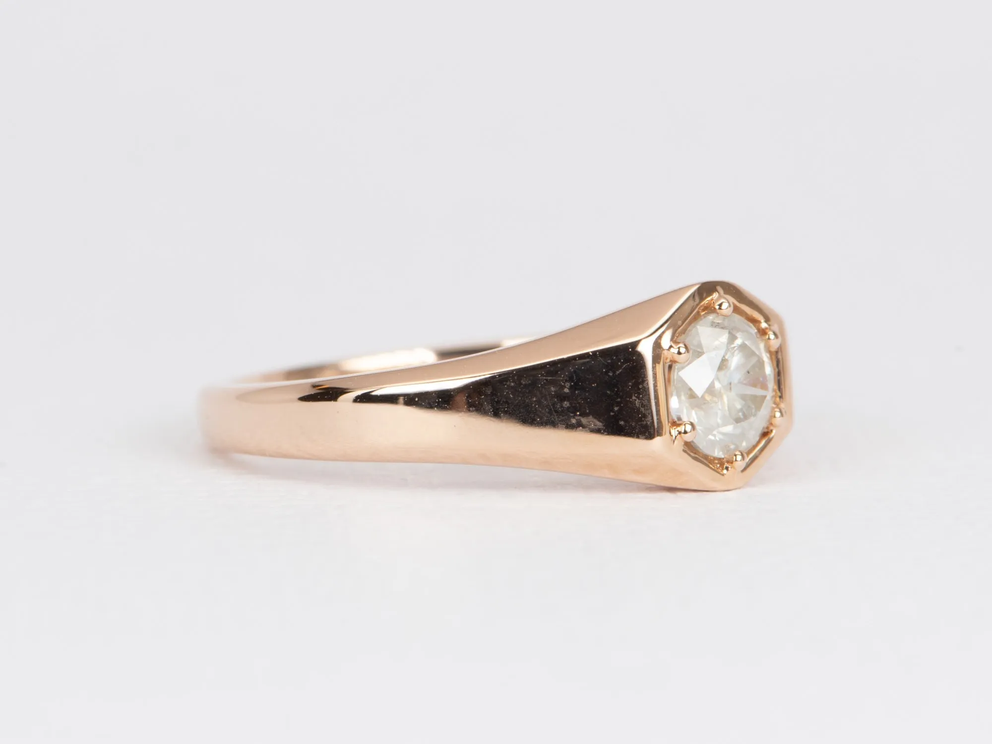 Milky White Diamond in Modern Hexagon Setting Signet Ring 14K Rose Gold R6476