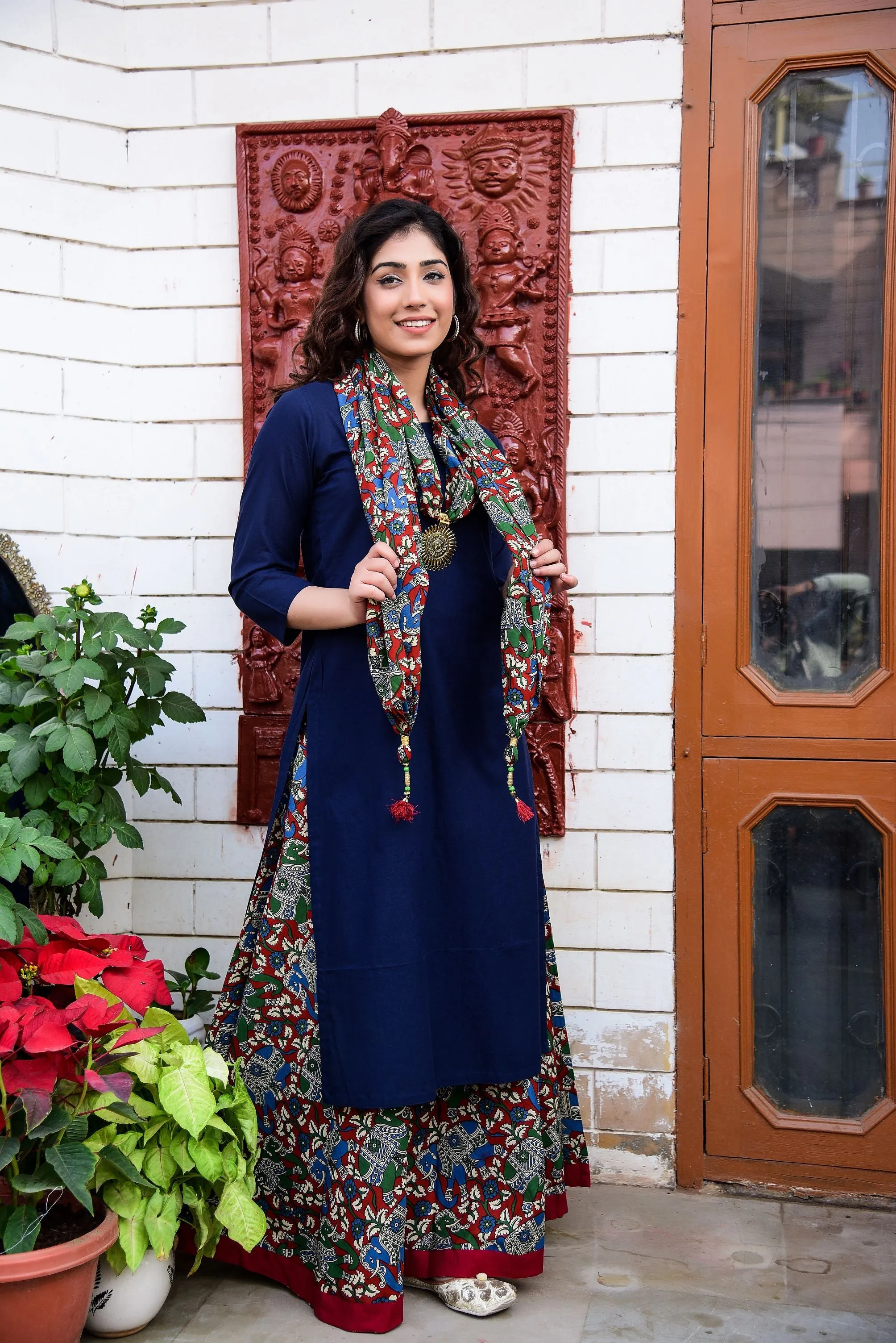 Navy Elephant Kalamkari Scarf Kurta Skirt Set