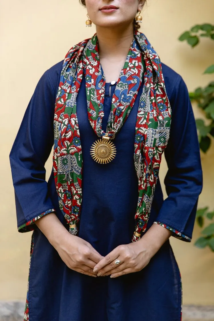 Navy Elephant Kalamkari Scarf Kurta Skirt Set