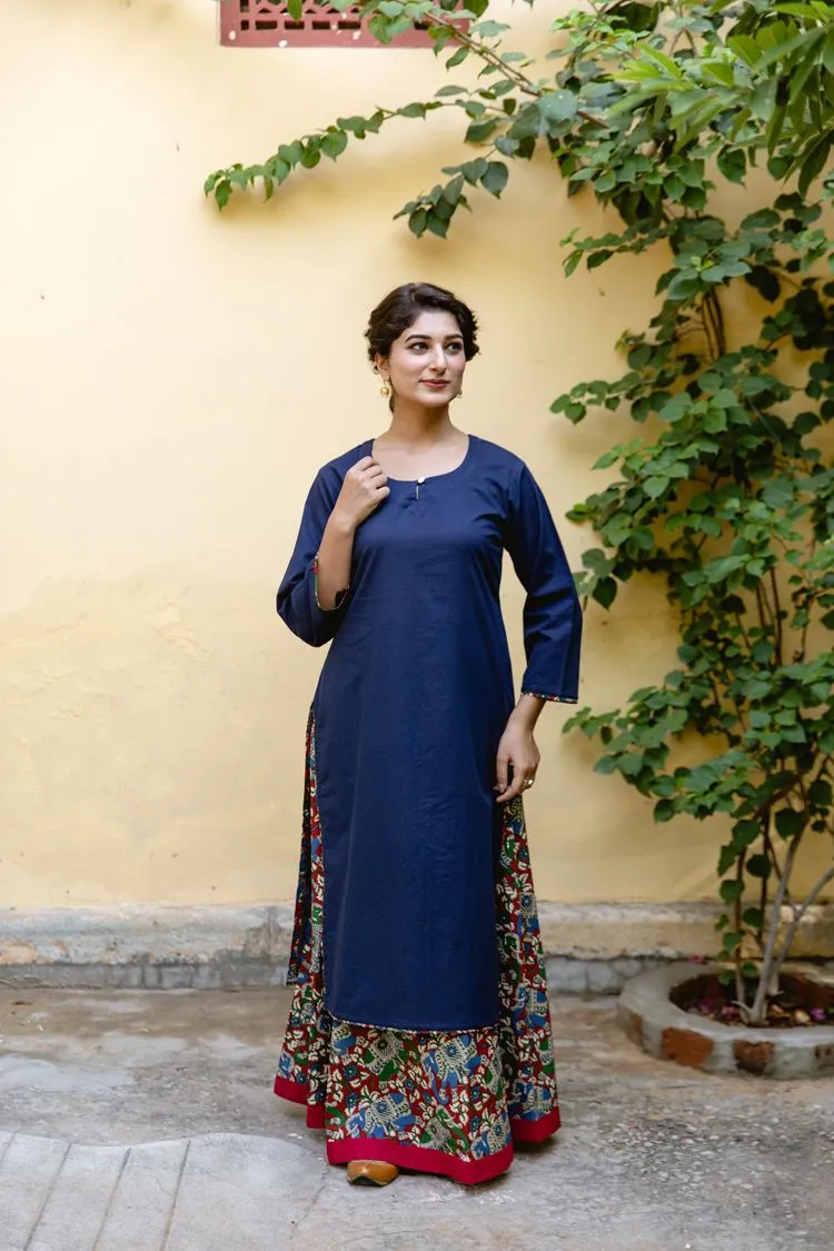 Navy Elephant Kalamkari Scarf Kurta Skirt Set