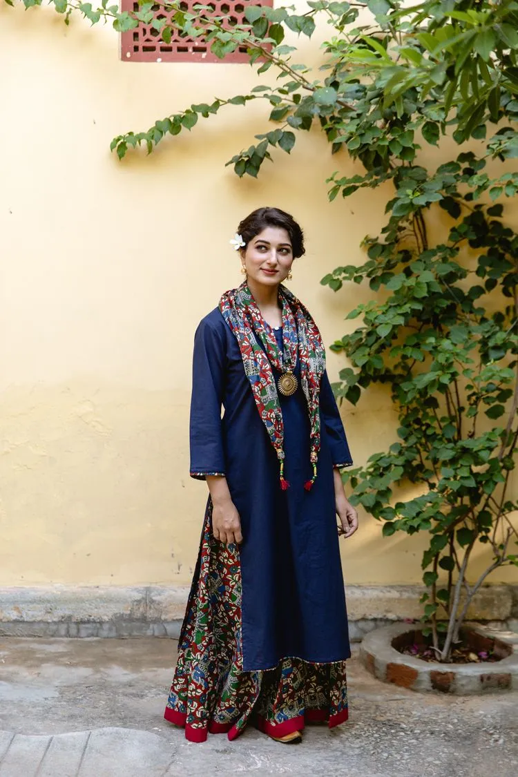 Navy Elephant Kalamkari Scarf Kurta Skirt Set