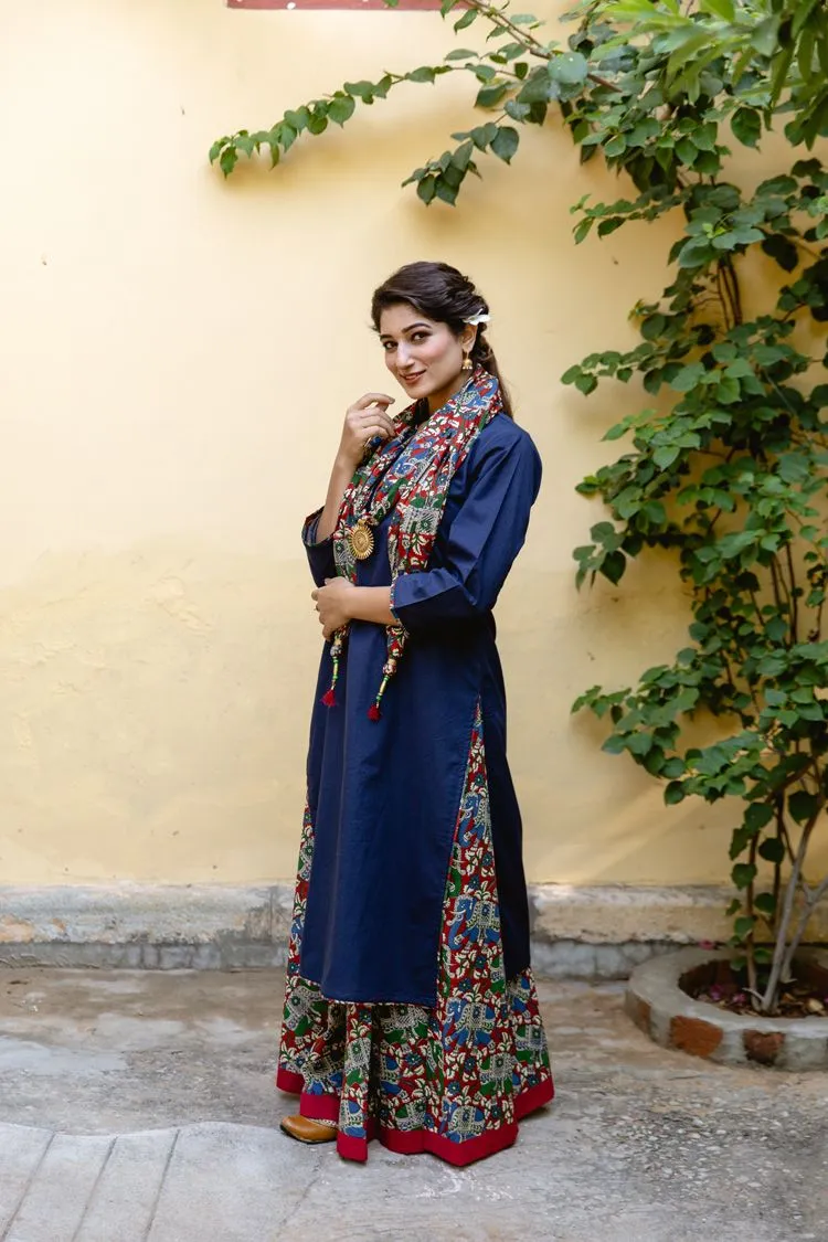 Navy Elephant Kalamkari Scarf Kurta Skirt Set