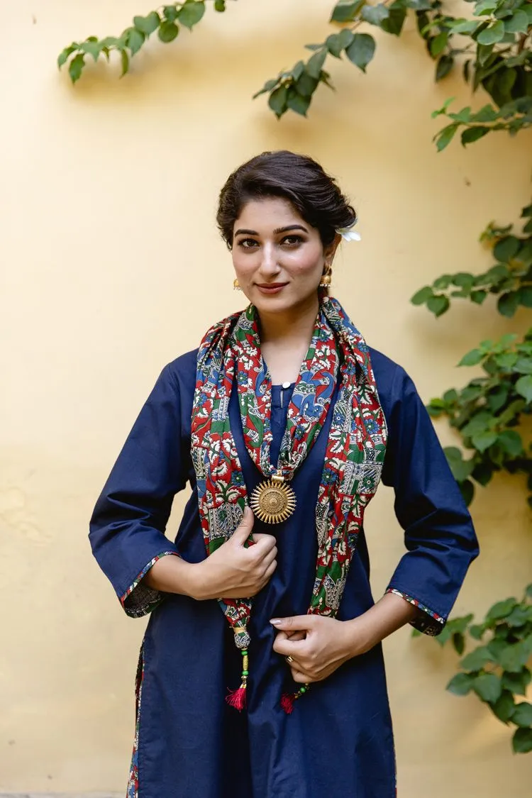 Navy Elephant Kalamkari Scarf Kurta Skirt Set