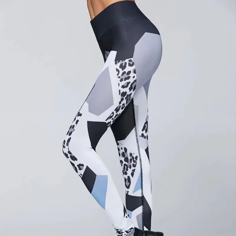 New Fashion Leggings Women Workout Leopard Printed Patchwork High Waist Elastic Push Up Polyester Ankle Length Leggings