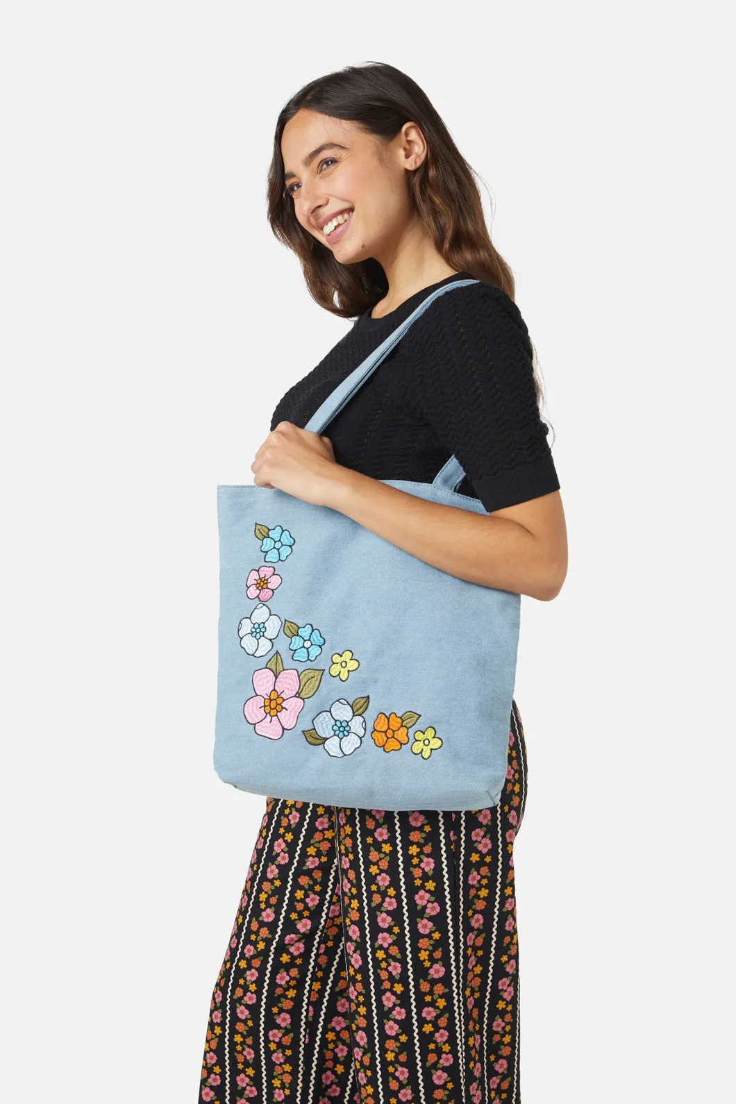 Petal Embroidered Denim Tote