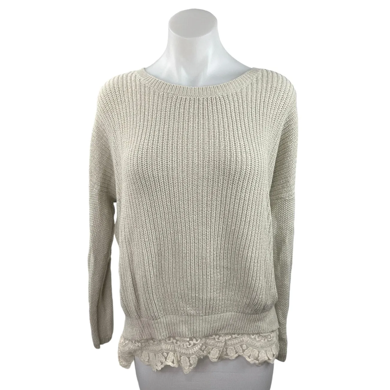 Pins and Needles Gray Knitted Lace Trim Crewneck Long Sleeve Pullover Sweater S