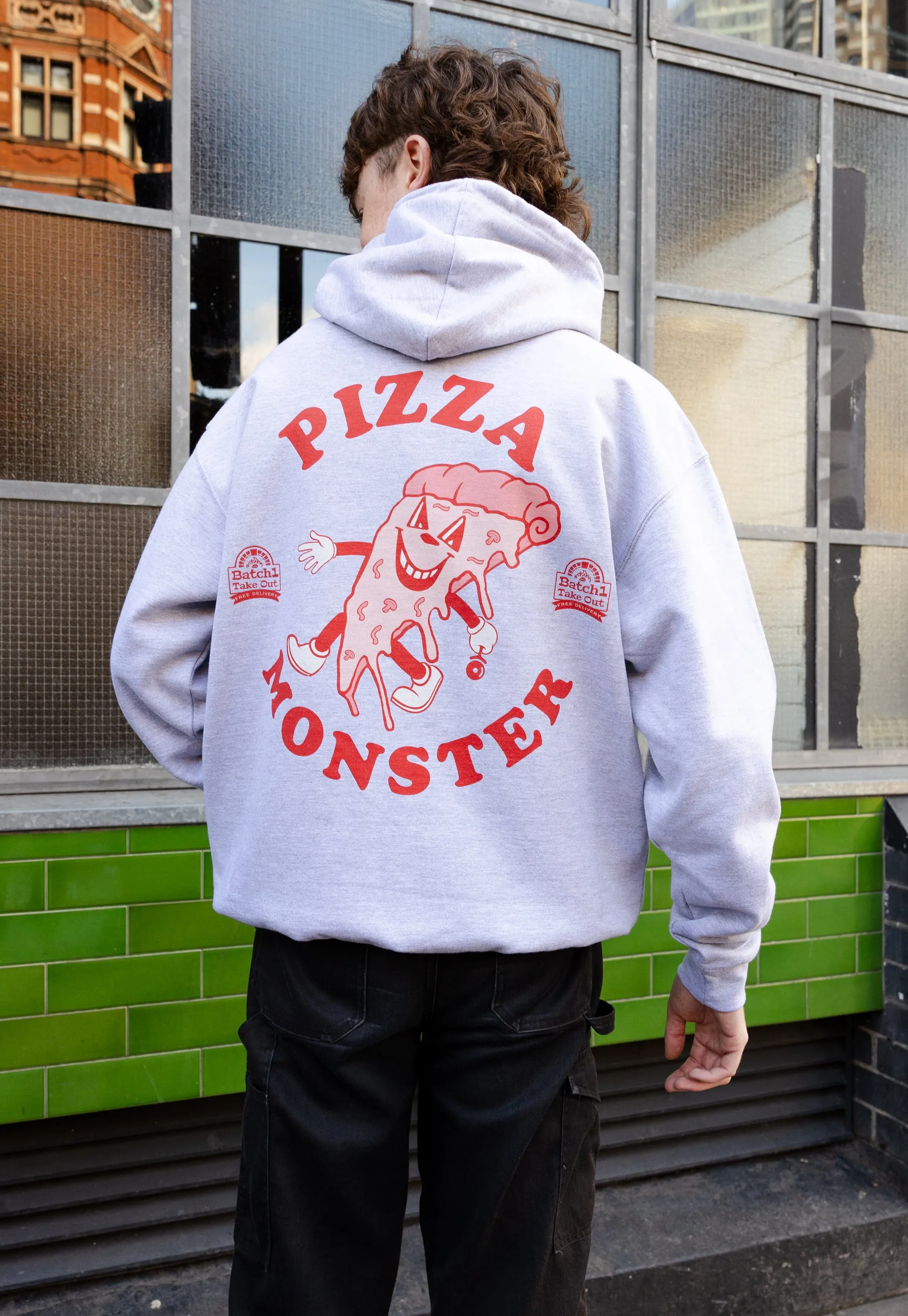 Pizza Monster Unisex Vintage Style Graphic Hoodie in Grey