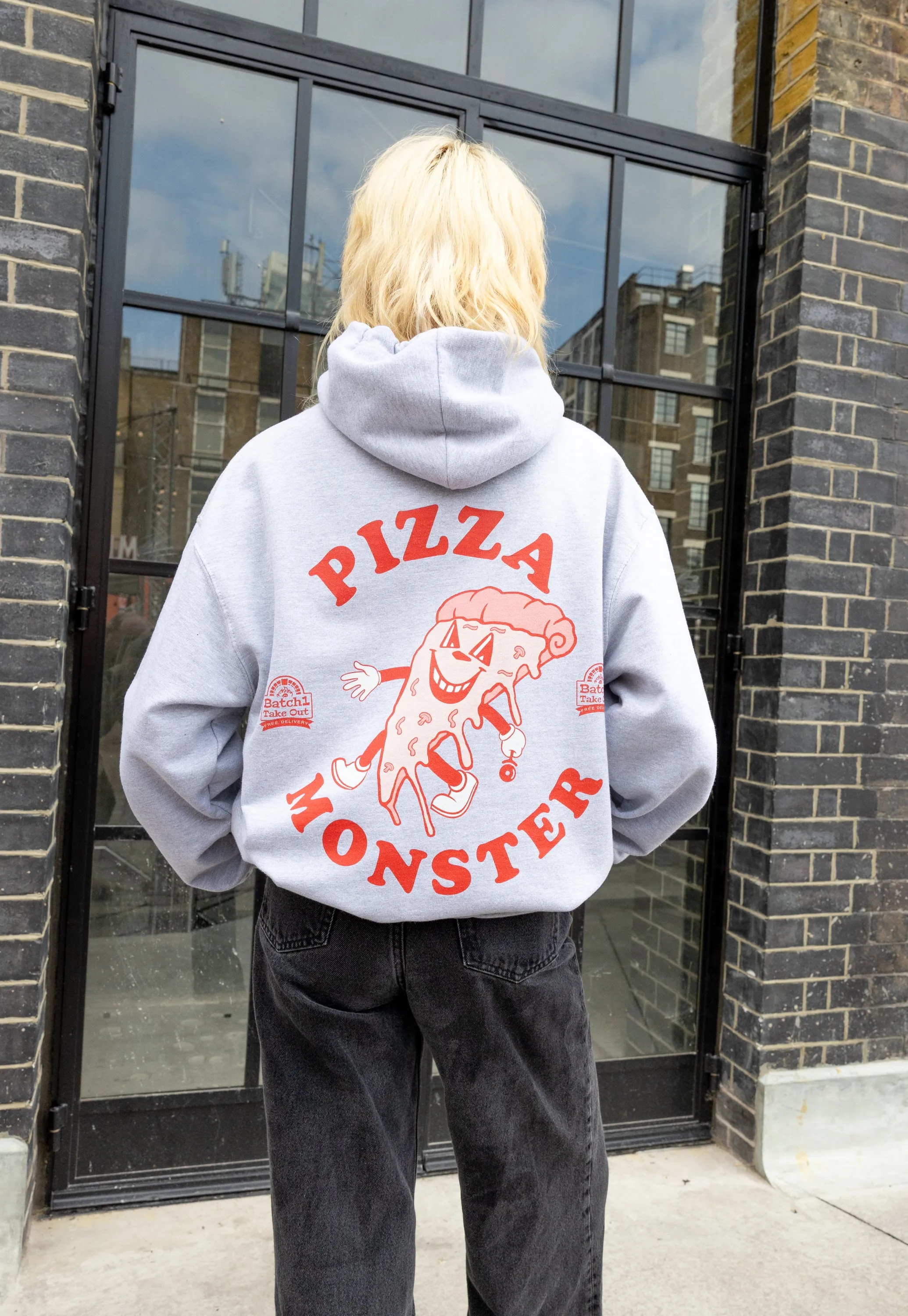 Pizza Monster Unisex Vintage Style Graphic Hoodie in Grey