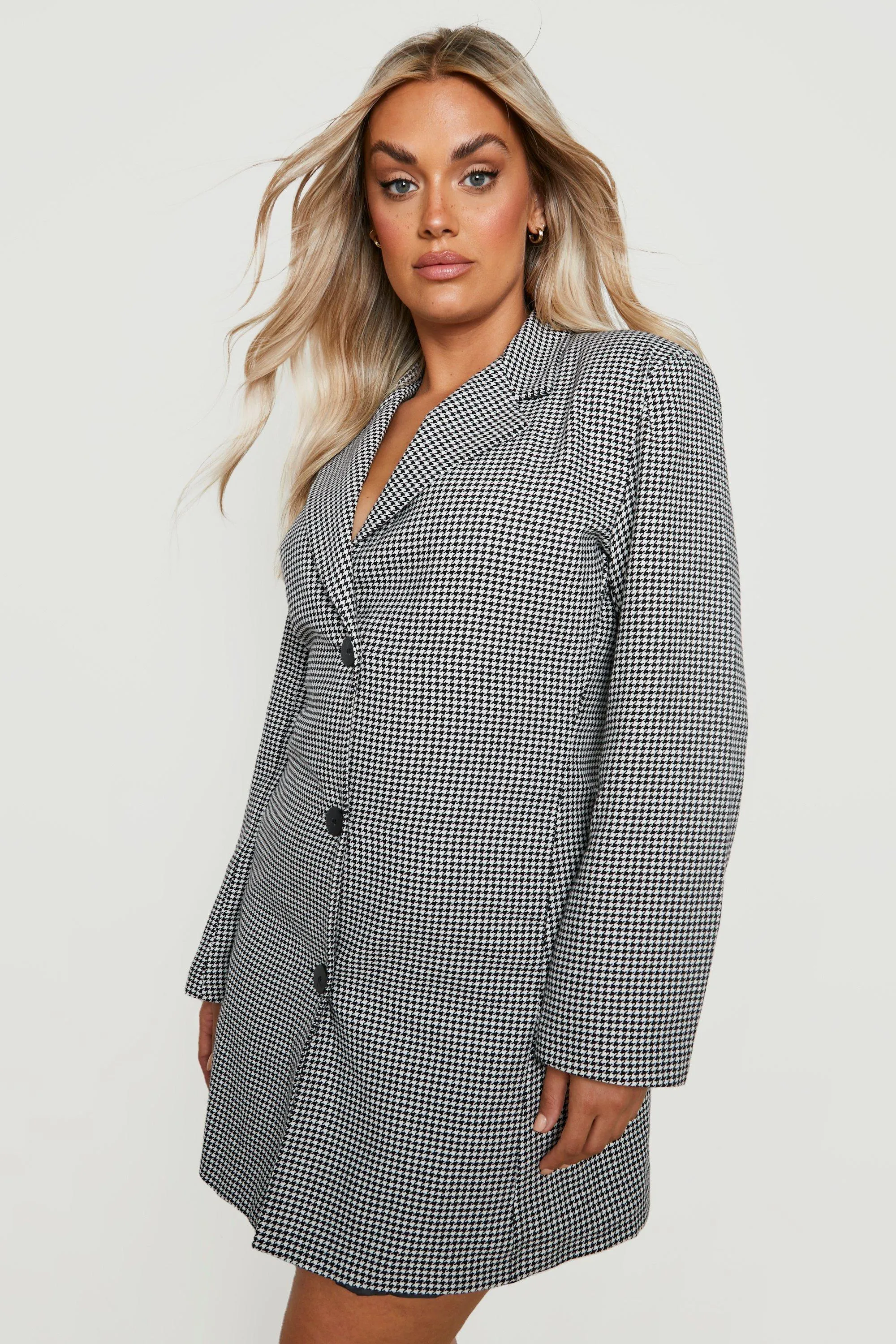 Plus Dogtooth Premium Structured Blazer Dress