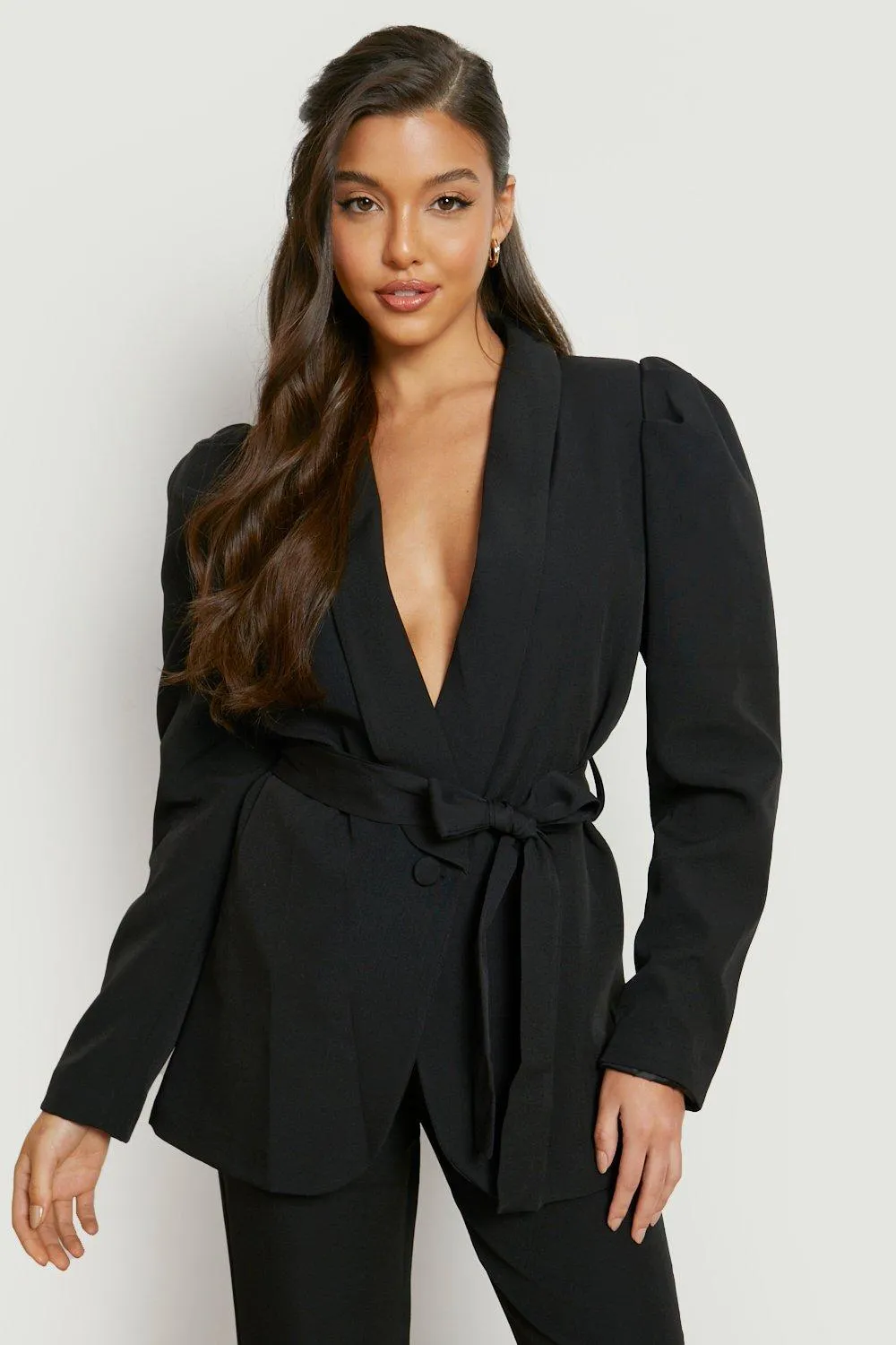 Puff Sleeve Tie Waist Tailored Blazer