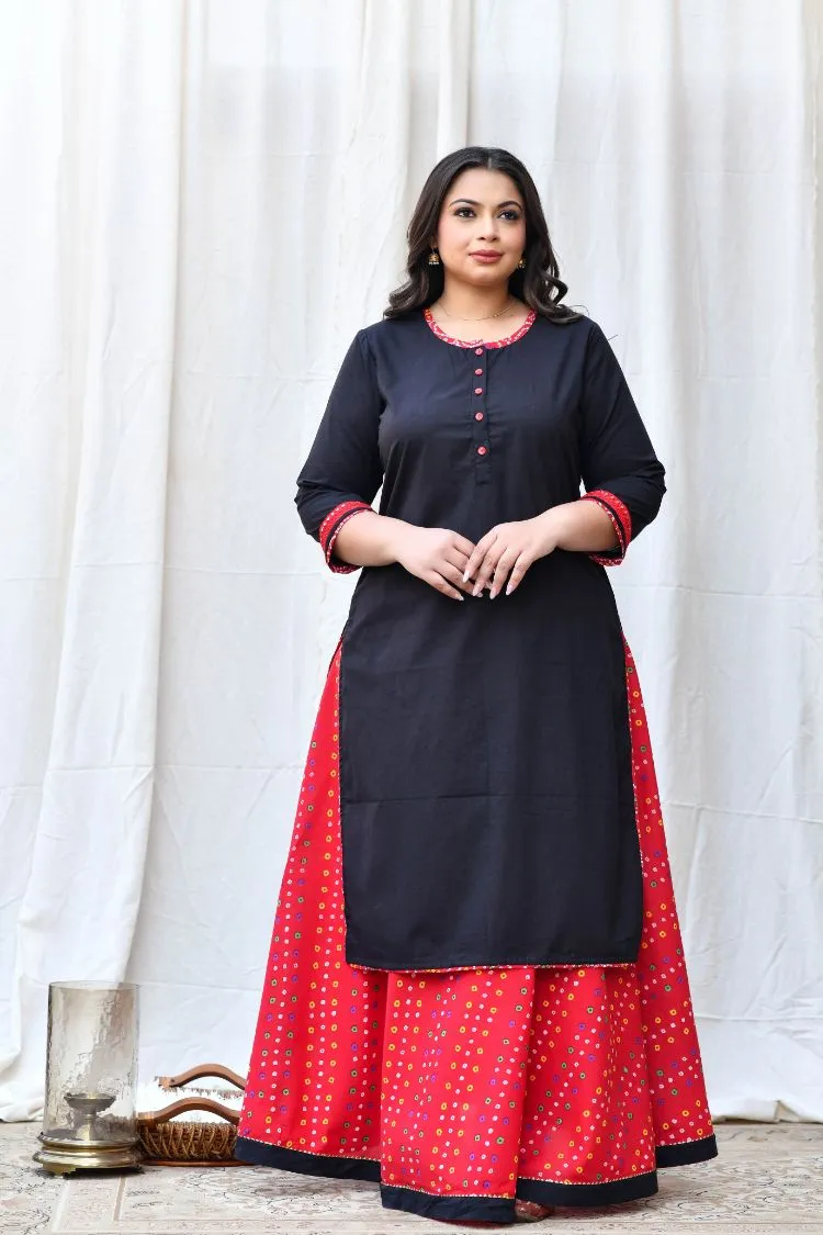 Red Moti Bandhej Scarf Kurta Skirt Set