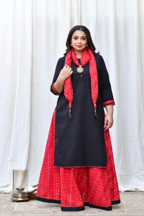 Red Moti Bandhej Scarf Kurta Skirt Set