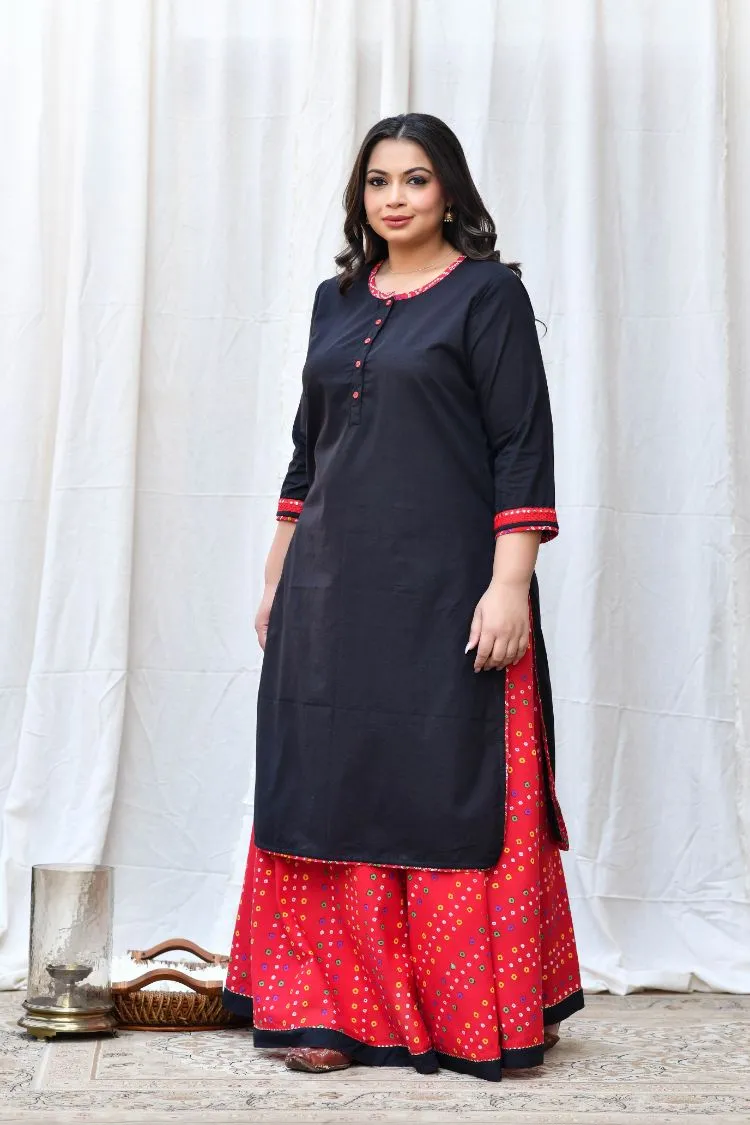 Red Moti Bandhej Scarf Kurta Skirt Set