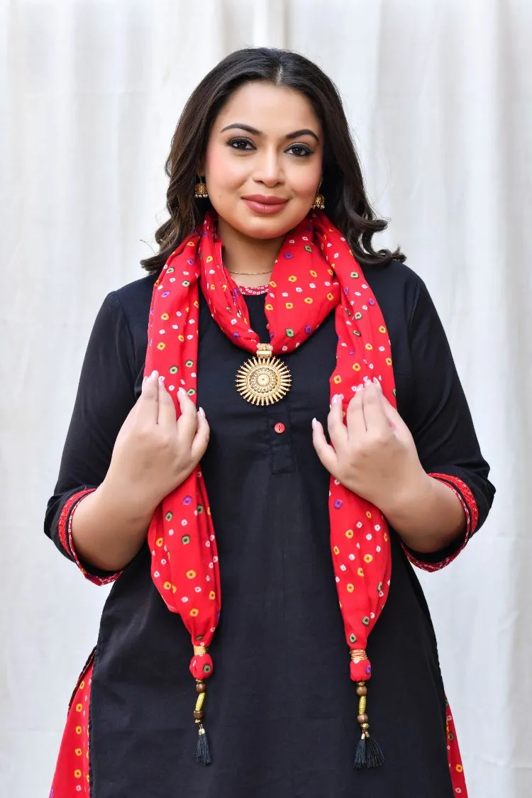 Red Moti Bandhej Scarf Kurta Skirt Set