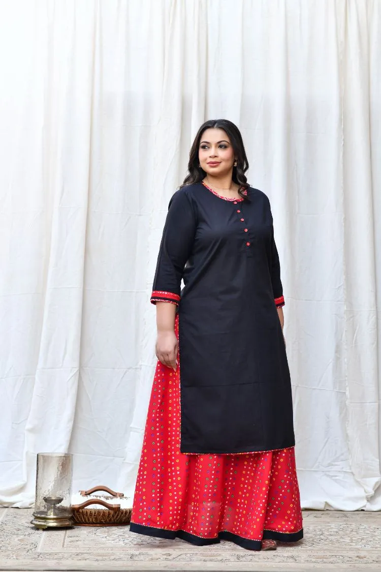 Red Moti Bandhej Scarf Kurta Skirt Set