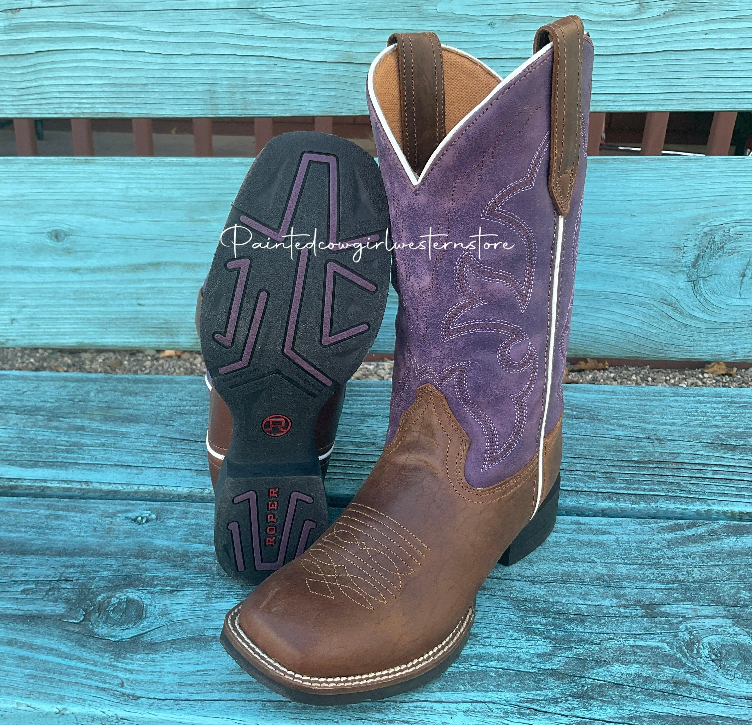 Roper Women's Brown & Purple Square Toe Cowgirl Boots 0904-2686