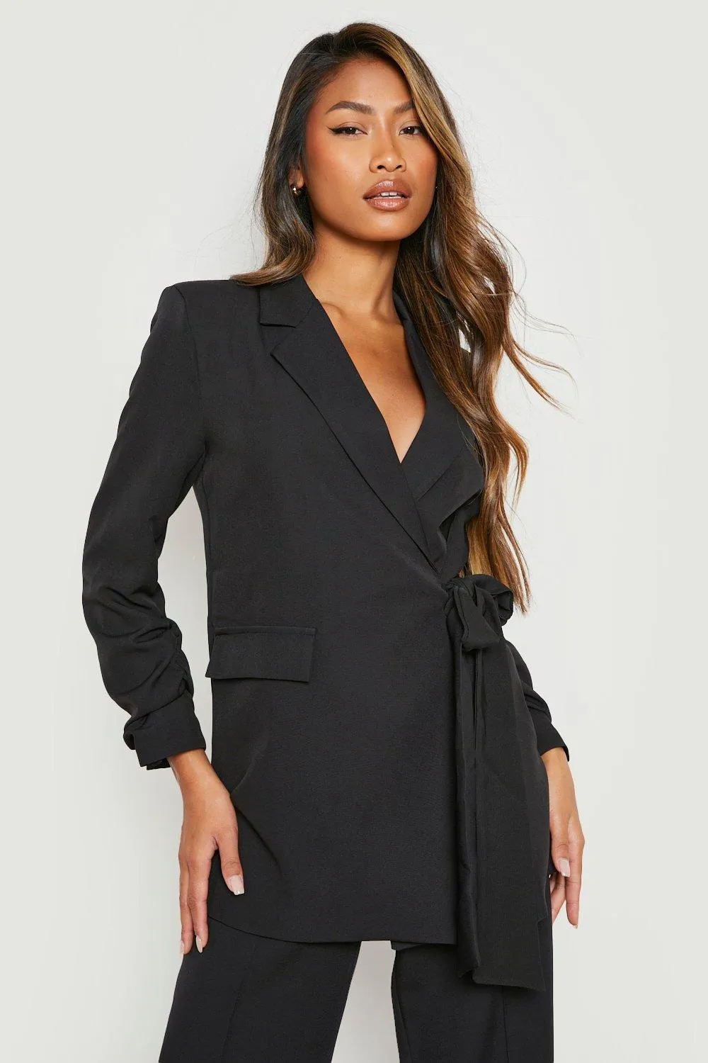 Ruched Sleeve Tie Waist Tailored Blazer