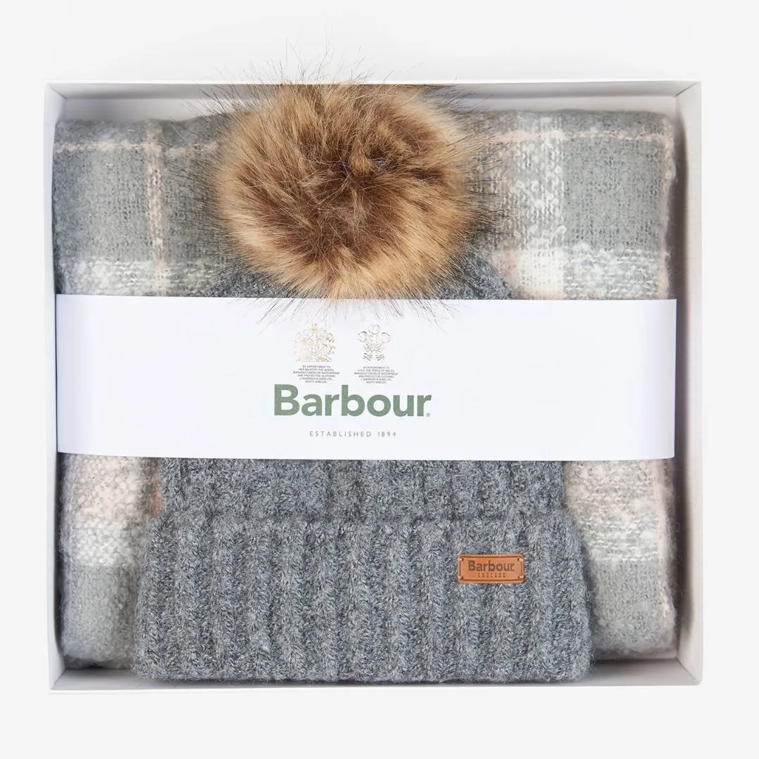 Saltburn Beanie & Tartan Scarf Set (Grey Rose)