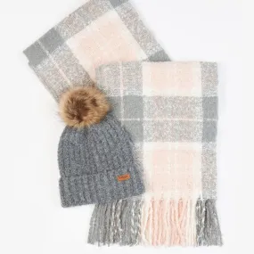 Saltburn Beanie & Tartan Scarf Set (Grey Rose)