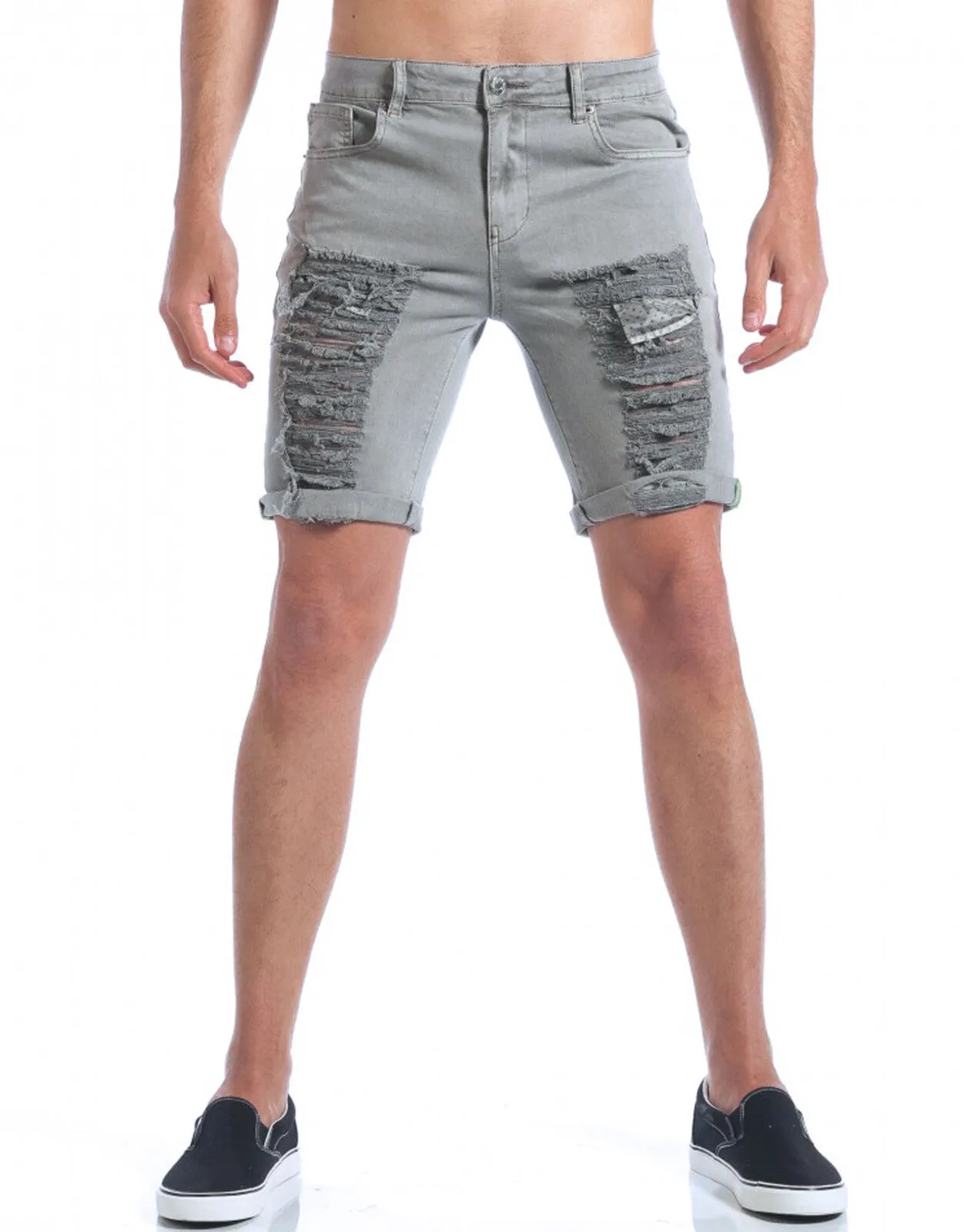 SHORTS BERMUDA UOMO DIAMOND GRIGIO STRAPPATO COTONE STRETCH PANTALONCINO JEANS