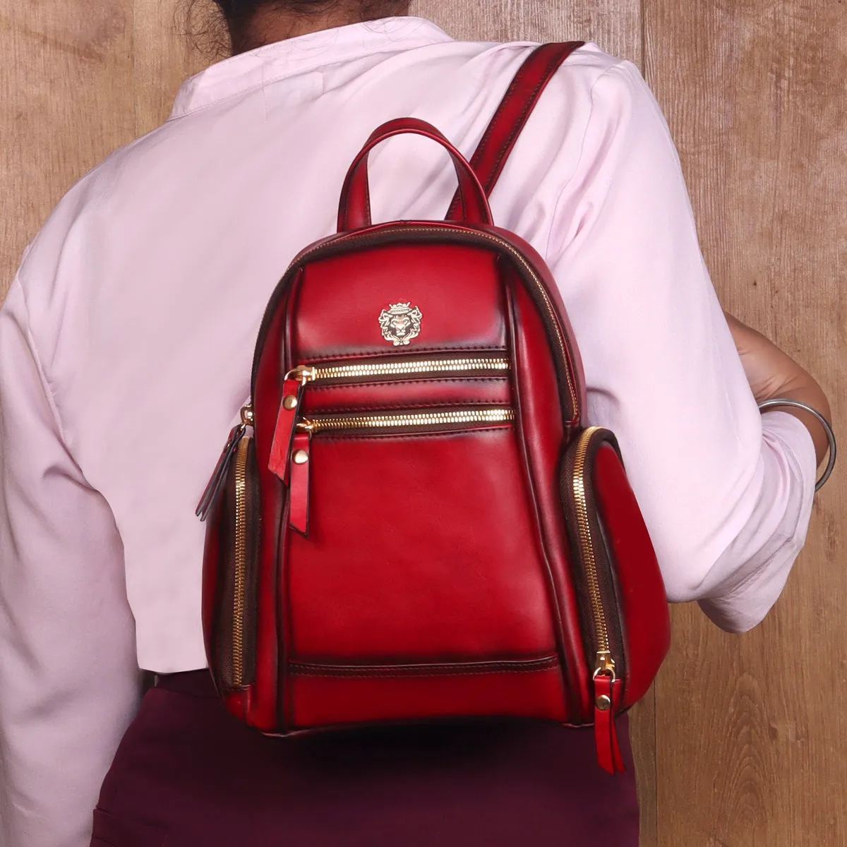 Signature Metal Lion Red Genuine Leather Multi-Pockets Girlish Backpack By Brune & Bareskin