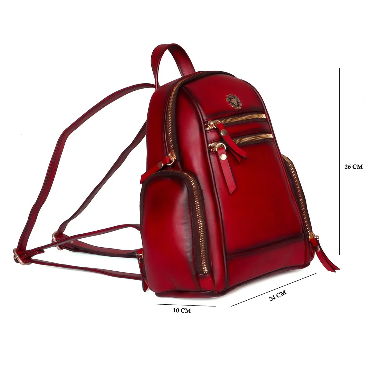 Signature Metal Lion Red Genuine Leather Multi-Pockets Girlish Backpack By Brune & Bareskin