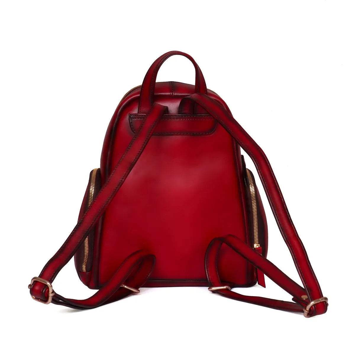 Signature Metal Lion Red Genuine Leather Multi-Pockets Girlish Backpack By Brune & Bareskin