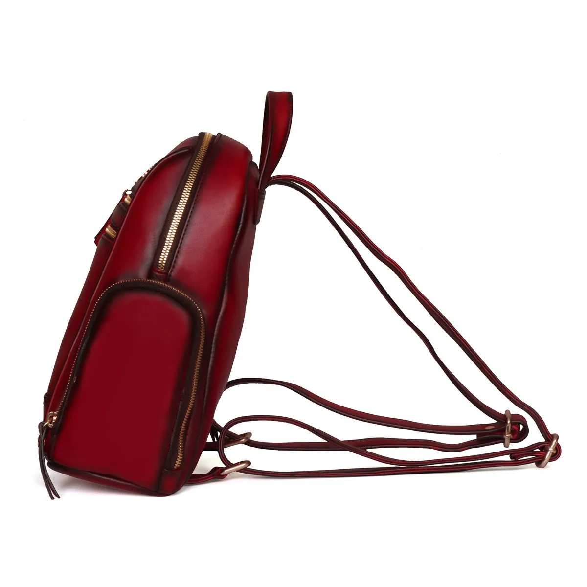 Signature Metal Lion Red Genuine Leather Multi-Pockets Girlish Backpack By Brune & Bareskin