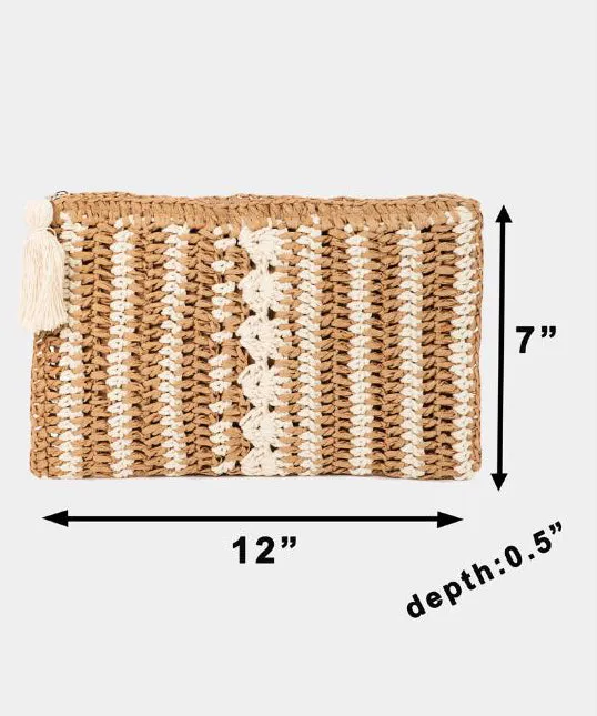 Straw Clutch with Tassel and Zipper - Khaki