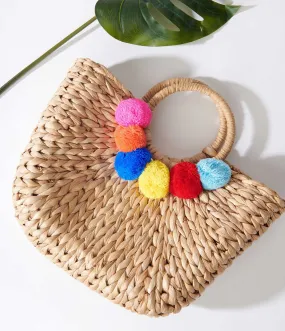 Tan Pom Pom Woven Bag