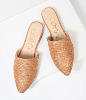 Tan Woven Straw Slip On Mules