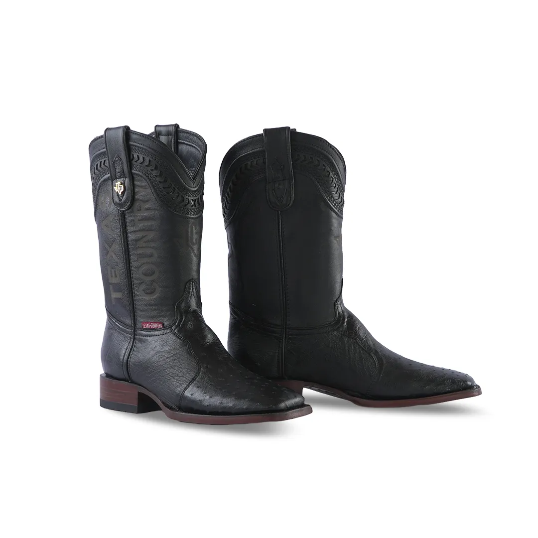 Texas Country Exotic Western Boot Ostrich PD Black Square Toe AV20