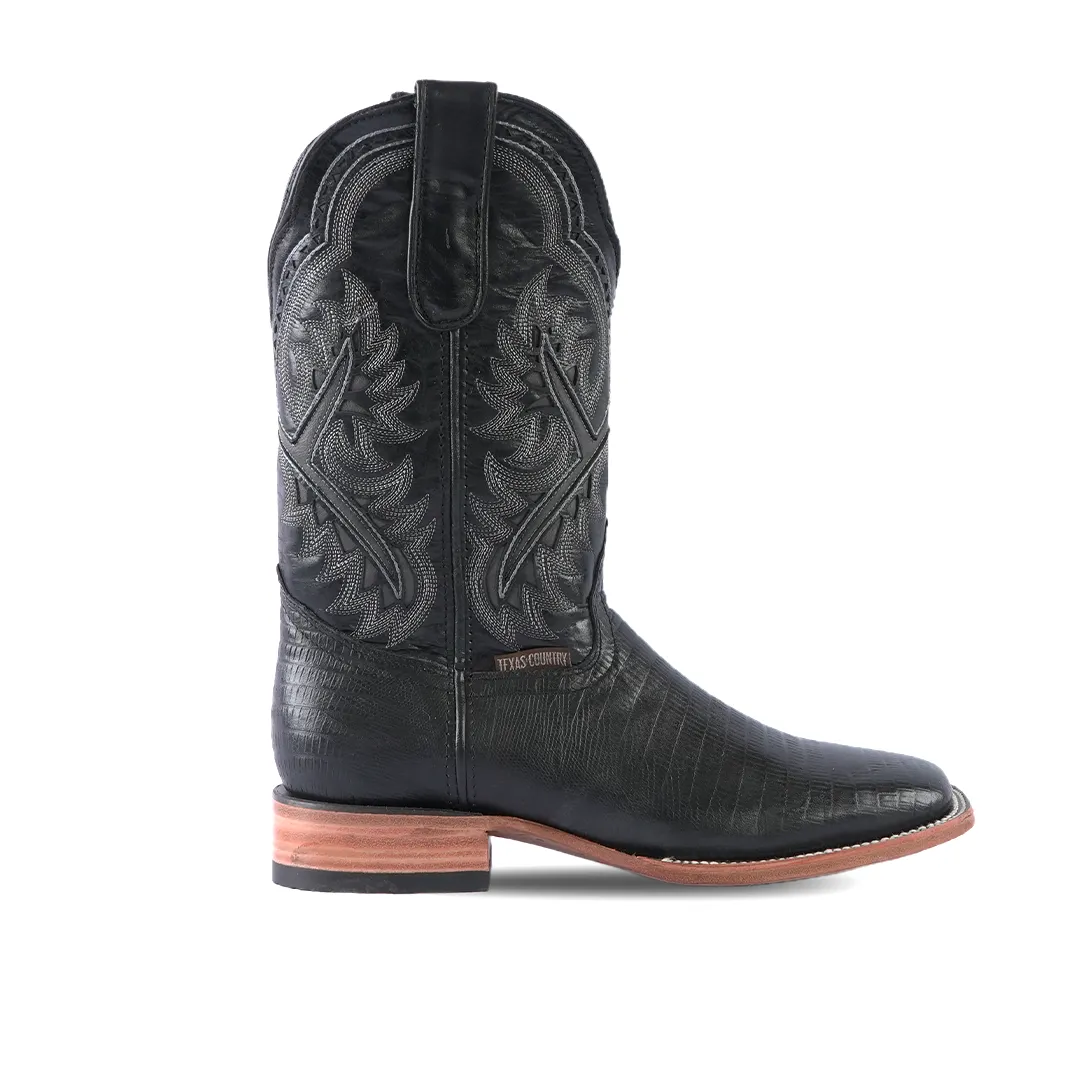 Texas Country Western Boot Lizard Black Square Toe E426