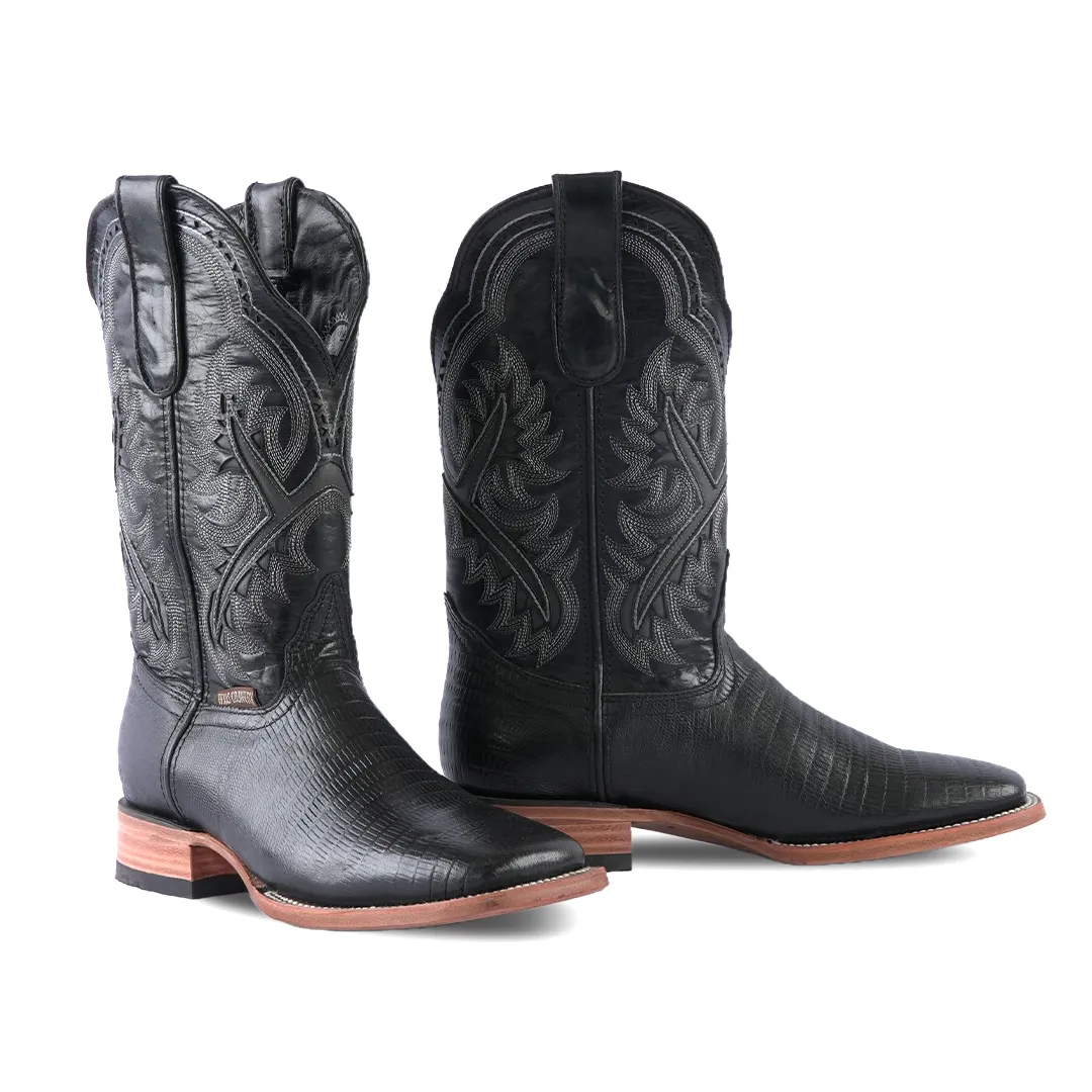 Texas Country Western Boot Lizard Black Square Toe E426