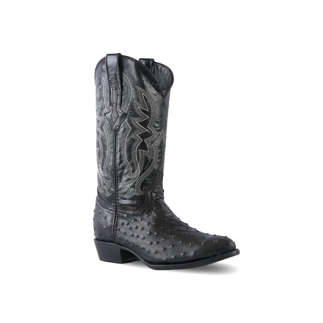 Texas Country Western Boot Ostrich Print Black Munequeado Round Toe E436