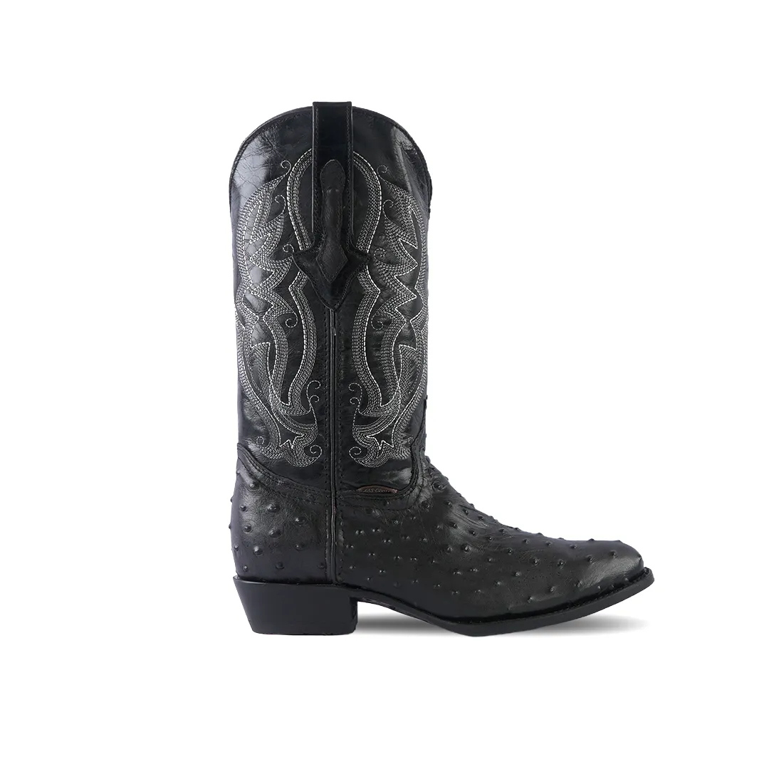 Texas Country Western Boot Ostrich Print Black Munequeado Round Toe E436