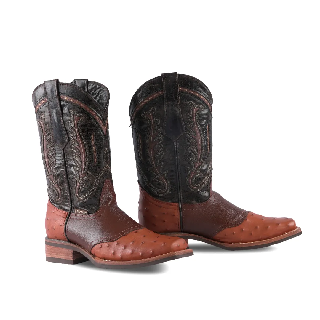 Texas Country Western Boot Ostrich Print Cognac Rodeo Toe E408