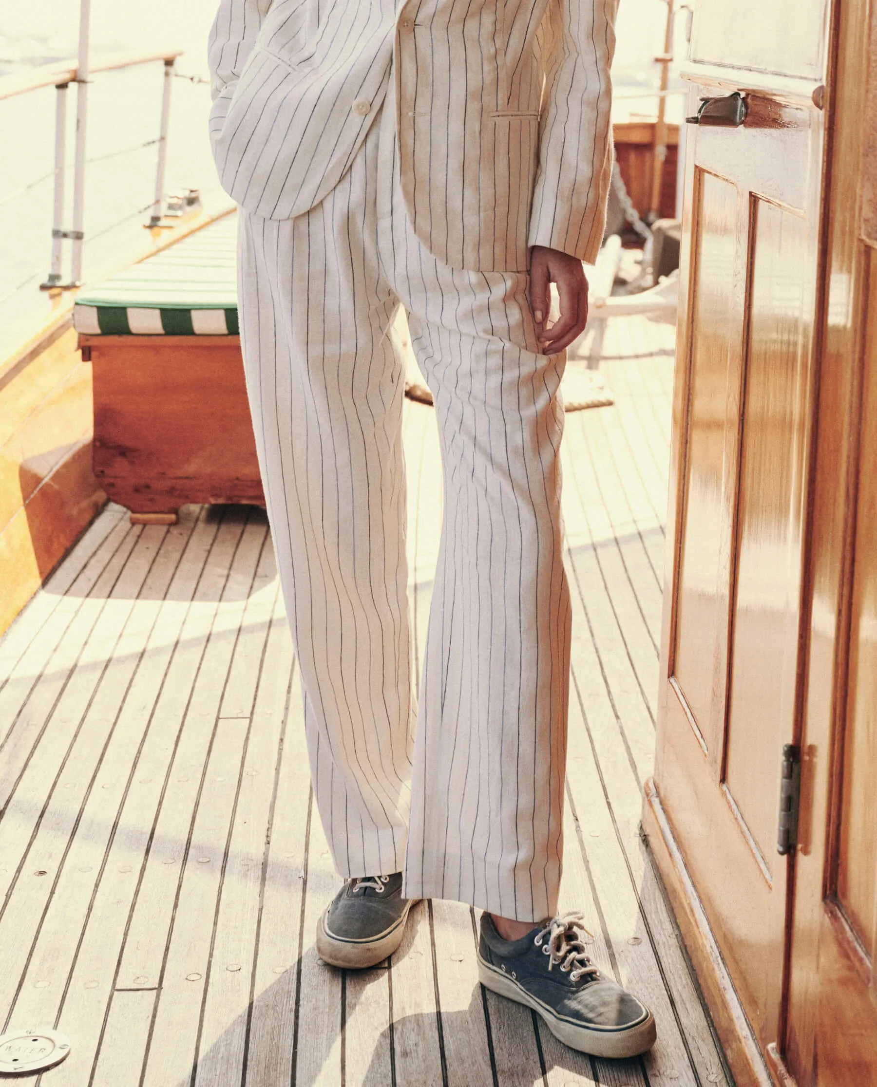 The Great Maker Trouser in Cream Pinstripe