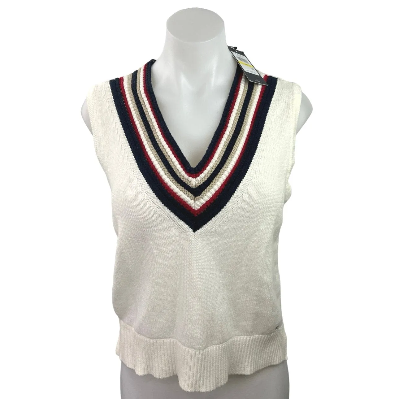 Tommy Hilfiger Georgetown NWT White Knit Stripe Sleeveless V-Neck Sweater Vest M