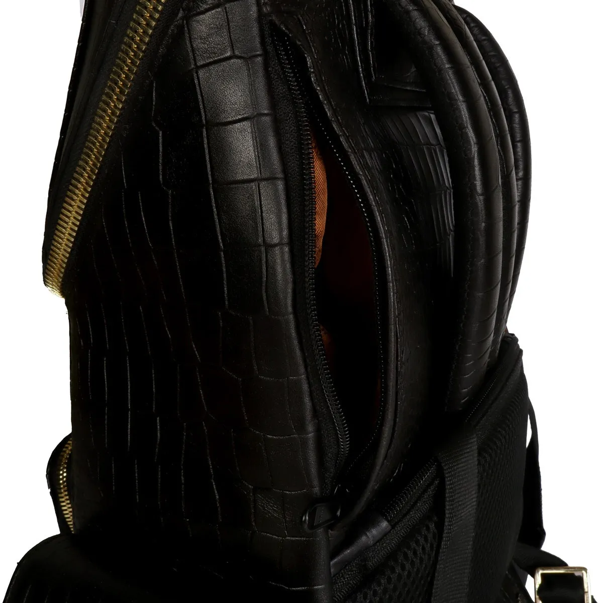 Top Opening Black Backpack Zip Compartment Croco Textured Leather