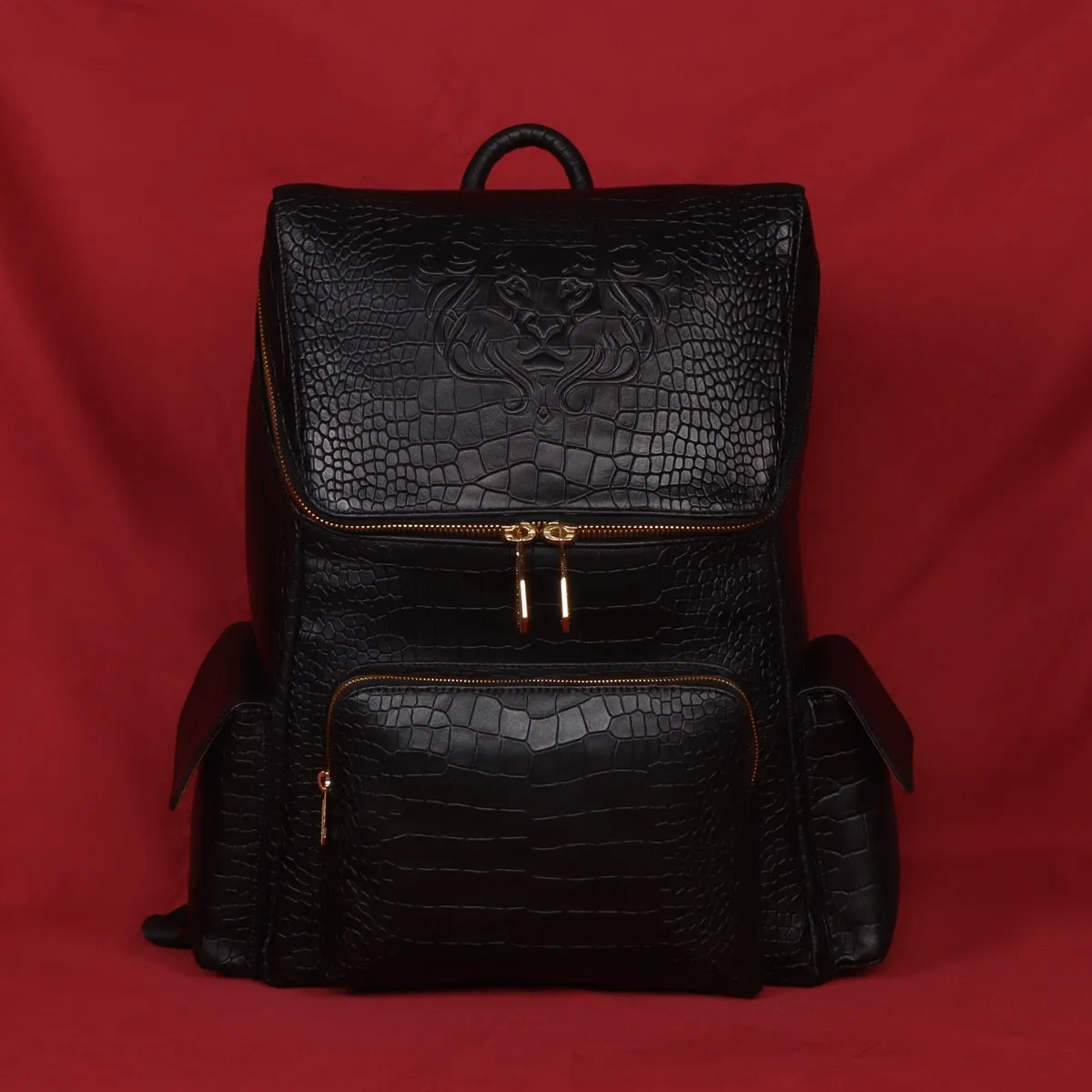 Top Opening Black Backpack Zip Compartment Croco Textured Leather