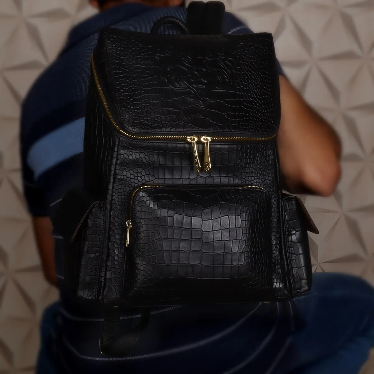 Top Opening Black Backpack Zip Compartment Croco Textured Leather