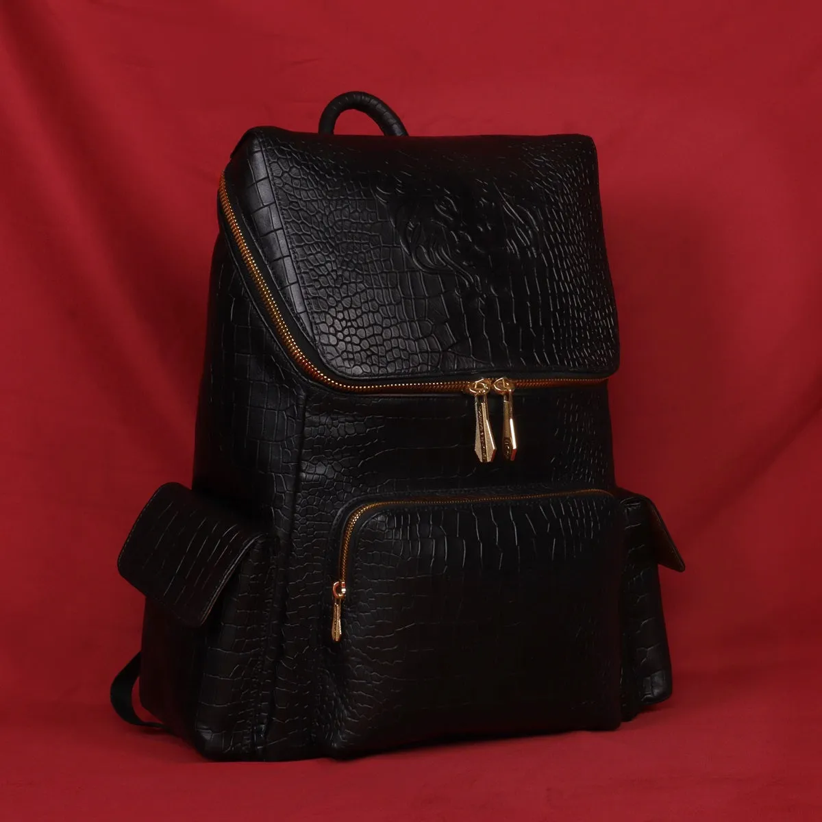 Top Opening Black Backpack Zip Compartment Croco Textured Leather