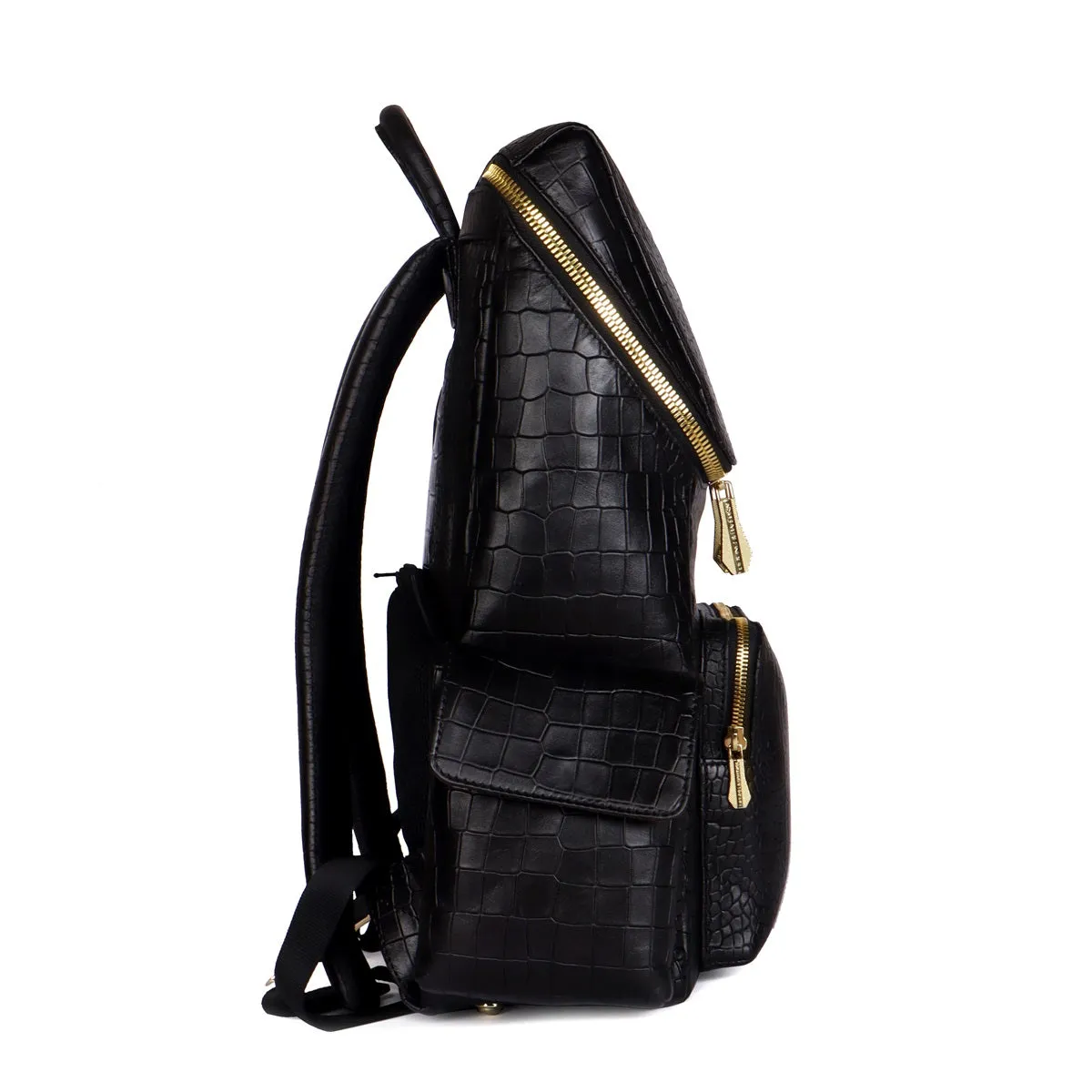 Top Opening Black Backpack Zip Compartment Croco Textured Leather