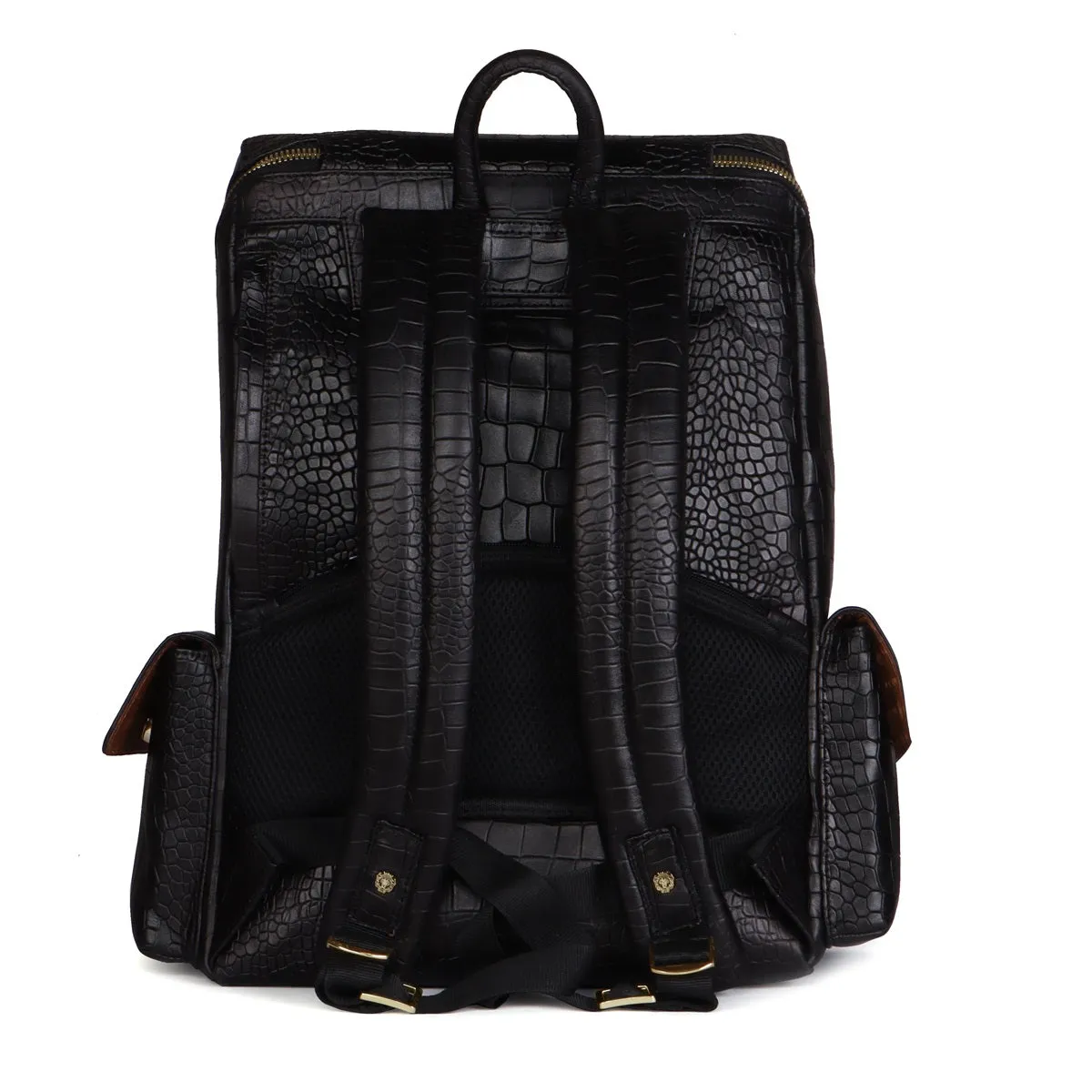 Top Opening Black Backpack Zip Compartment Croco Textured Leather